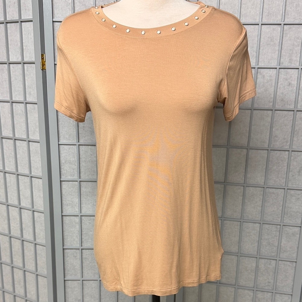 Tristan Beige Studded Short Sleeve Top